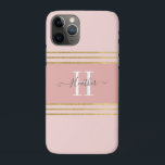Girly Blush Pink Gold Monogram Stripe iPhone 11 Pro Case<br><div class="desc">Protect your phone wiht this personalised girly Iphone 11 case. It has grey text and a white monogram initial on a beautiful blush pink background. Customise the Iphone cover with the name and initial of your choice to make someone feel extra special. Makes a fun gift for birthdays or for...</div>