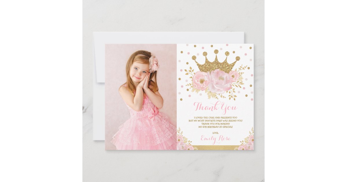 Girly Blush Pink Gold Princess Crown Birthday Thank You Card | Zazzle