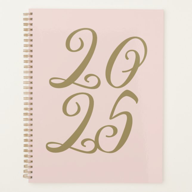 Girly blush pink gold script year typography planner (Front)