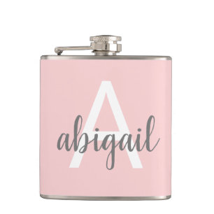 Girly Blush Pink Gray Monogram Vinyl Wrapped Flask