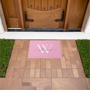 Girly Blush Pink Grey Custom Monogram Script Name Doormat
