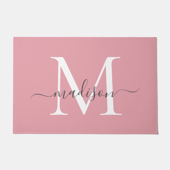 Girly Blush Pink Grey Custom Monogram Script Name Doormat (Front)