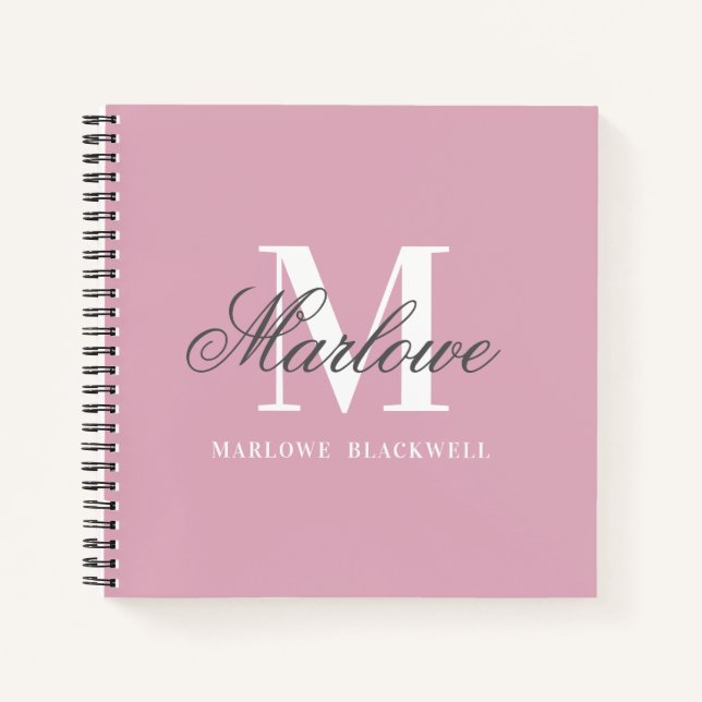 Girly Blush Pink Grey Monogram Calligraphy Notebook (Front)