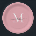 Girly Blush Pink Grey Monogram Elegant Script Name Paper Plate<br><div class="desc">Simple Modern Blush Pink Grey Monogram Feminine Script Name Paper Plate</div>