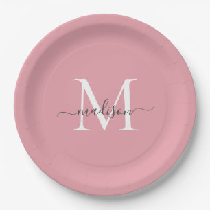 Girly Blush Pink Grey Monogram Elegant Script Name Paper Plate