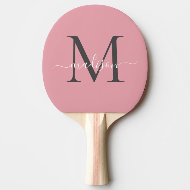 Girly Blush Pink Grey Monogram Feminine Script Ping Pong Paddle (Front)