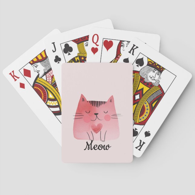 Girly Blush Pink Heart Cat Playing Cards (Back)