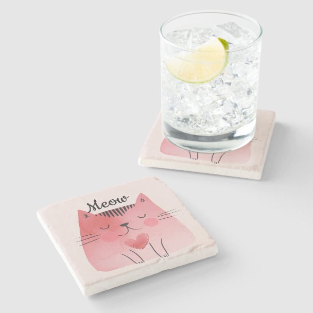Girly Blush Pink Heart Cat Stone Coaster (Side)