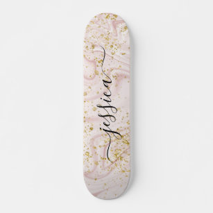 Girly blush pink marble gold glitter script name skateboard