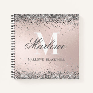 Girly Blush Pink Metallic Silver Glitter Monogram Notebook