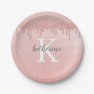Girly Blush Pink Monogram Dripping Glitter Paper Plate