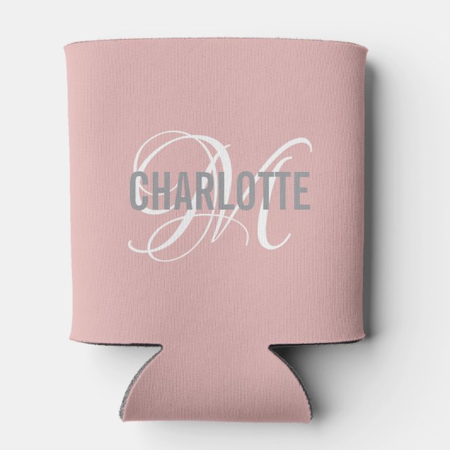 Girly blush pink monogram name  can cooler (Back)