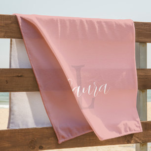 Girly blush pink monogram name script personalised beach towel