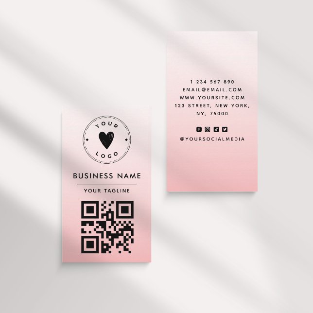 Girly Blush Pink Ombre Logo & QR Code Feminine Business Card (Creator Uploaded)