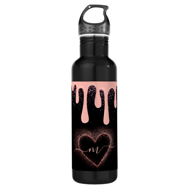 Girly Blush Pink Paint Drip Glitter Monogrammed  710 Ml Water Bottle (Front)