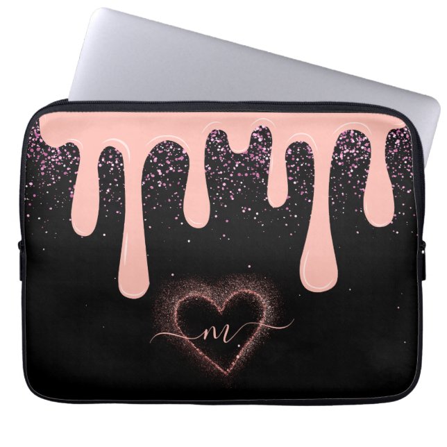 Girly Blush Pink Paint Drip Glitter Monogrammed  Laptop Sleeve (Front)