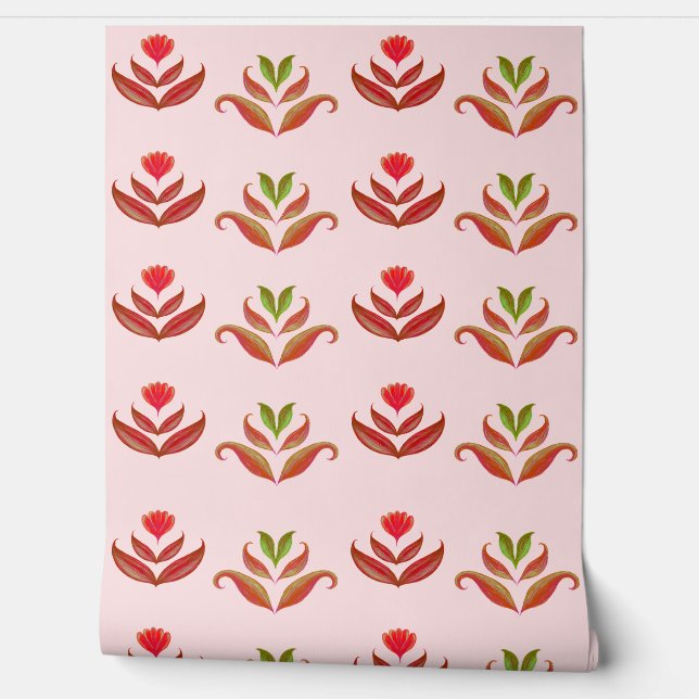 Girly Blush Pink Pretty Cute Floral Folk Art Print Wallpaper (Unrolling)