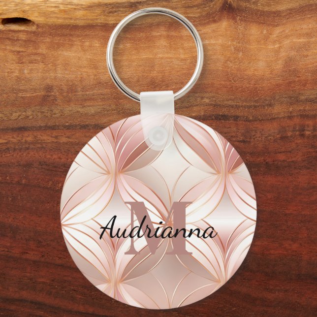 Girly Blush Pink Rose Gold Abstract Monogram Key Ring (Front)