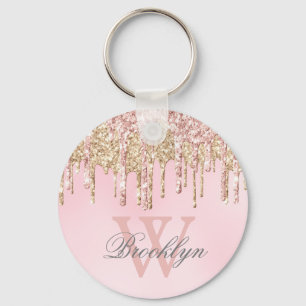 Girly Blush Pink Rose Gold Glitter Drips Monogram Key Ring