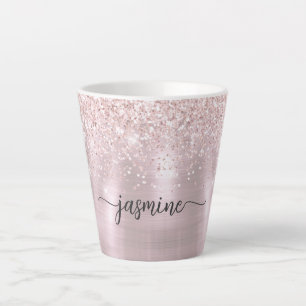 Girly Blush Pink Rose Gold Glitter Metal Monogram Latte Mug