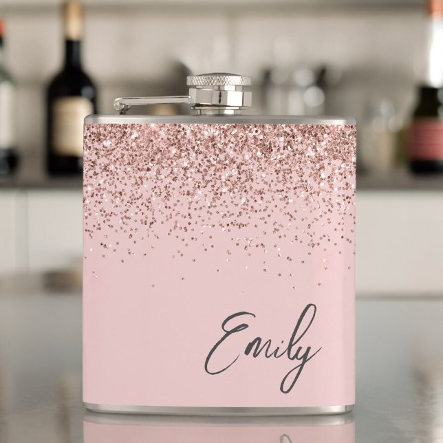 Girly Blush Pink Rose Gold Glitter Monogram Hip Flask (Creator Uploaded)