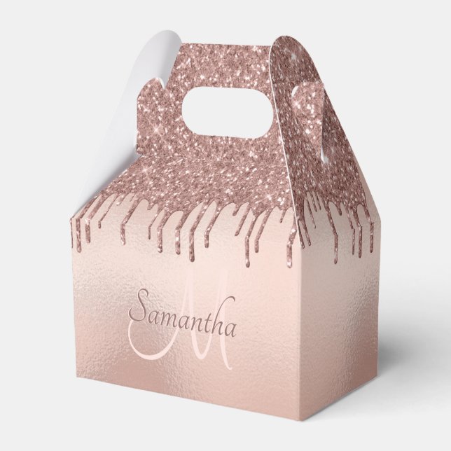 Girly Blush Pink Rose Gold Glitter Monogram Name Favour Box (Front Side)