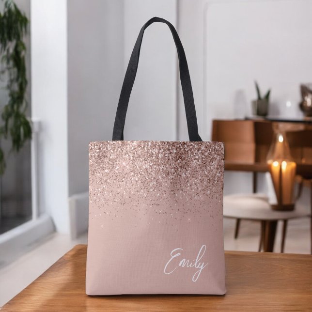 Girly Blush Pink Rose Gold Glitter Monogram Tote Bag (Creator Uploaded)