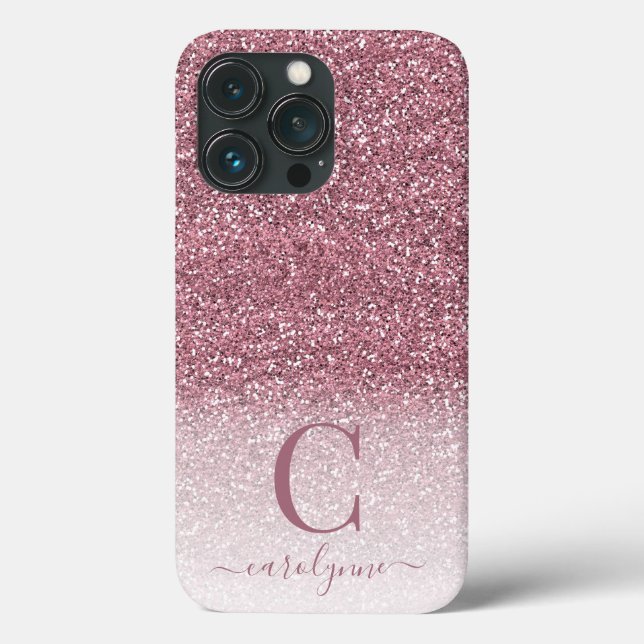 Girly Blush Pink Rose Gold Glitter Ombre Monogram Case-Mate iPhone Case (Back)