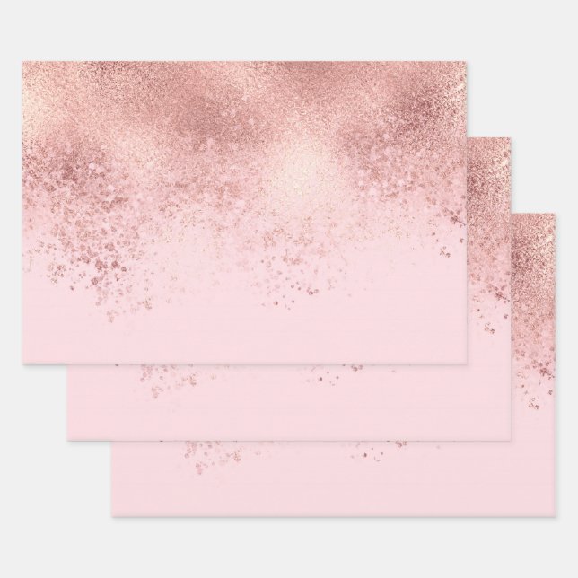 Girly Blush Pink Rose Gold Sprayed Confetti Ombre Wrapping Paper Sheet (Set)