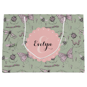 Girly Blush Pink & Sage Sweet Little Critter Name Large Gift Bag