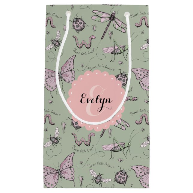 Girly Blush Pink & Sage Sweet Little Critter Name Small Gift Bag (Front)