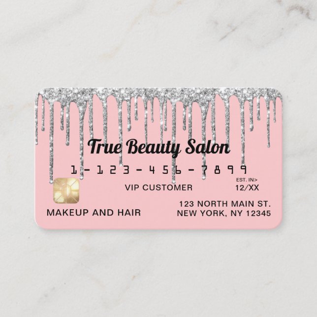 Girly Blush Pink Silver Glitter Drips Credit Business Card (Front)