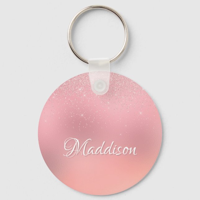 Girly Blush Pink Silver Glitter Personalised Name Key Ring (Front)