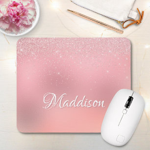 Girly Blush Pink Silver Glitter Personalised Name Mouse Mat