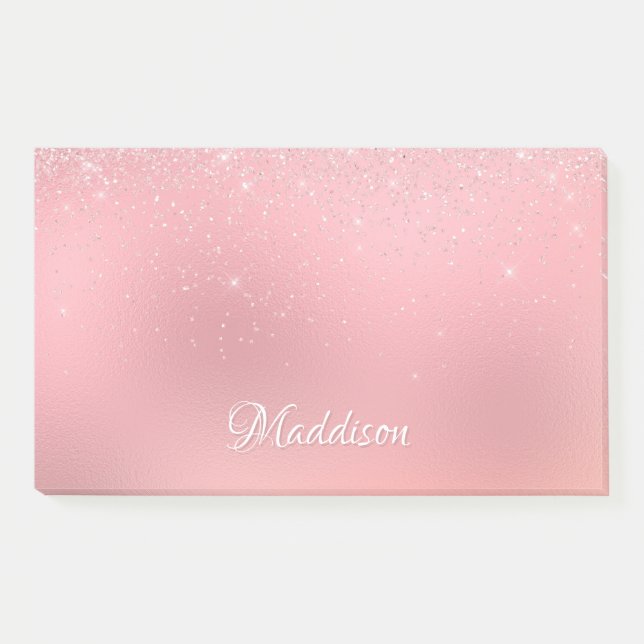 Girly Blush Pink Silver Glitter Personalised Name Post-it Notes (Front)