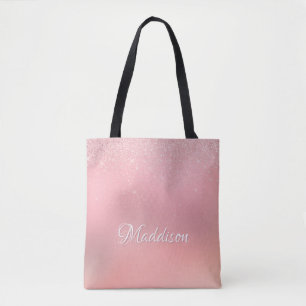 Girly Blush Pink Silver Glitter Personalised Name Tote Bag