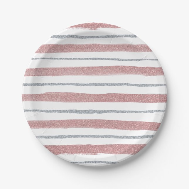 Girly Blush Pink Silver Glitter Sparkle Stripes Paper Plate (Front)