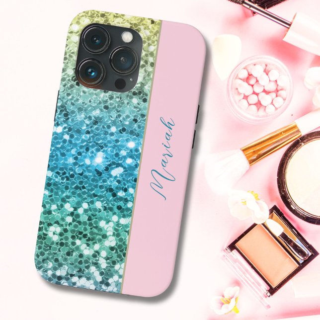 Girly Blush Pink Sparkle Blue Teal Rainbow Glitter Case-Mate iPhone Case (Creator Uploaded)