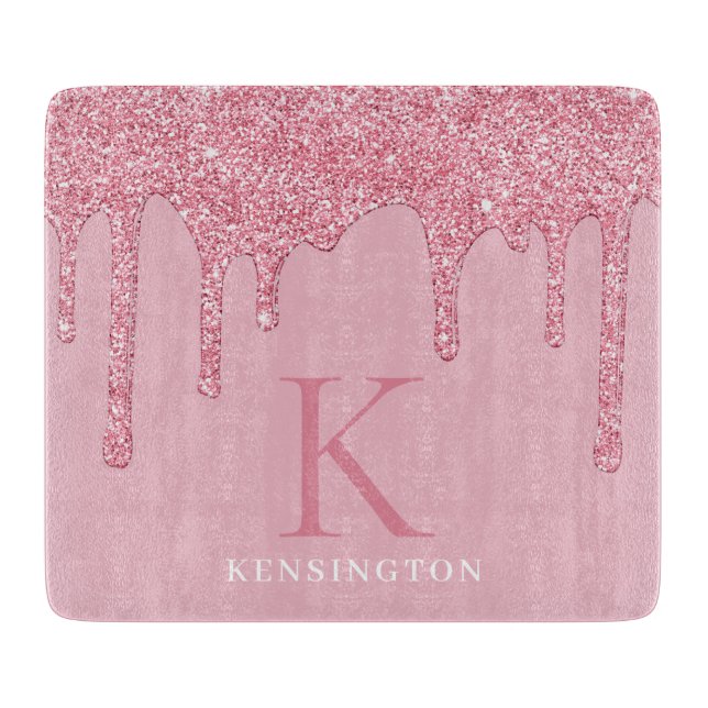 Girly Blush Pink Sparkle Glitter Drips Monogram Cutting Board (Front)