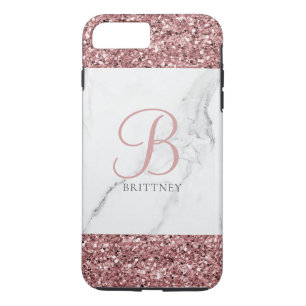Girly Blush Pink Sparkle Glitter Marble Monogram iPhone 8 Plus/7 Plus Case