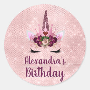 Girly Blush Pink Sparkle Unicorn Birthday Party Classic Round Sticker