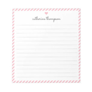 Girly Blush Pink Stripe Feminine Script Heart Name Notepad