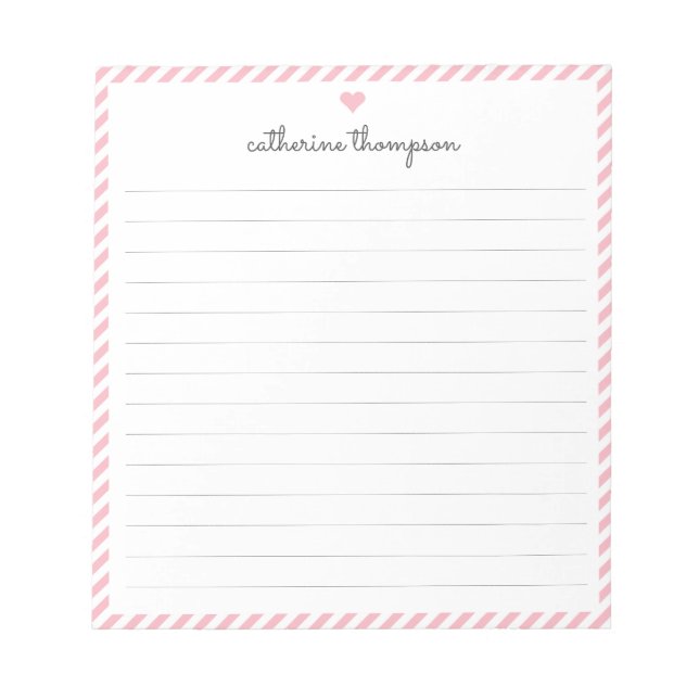 Girly Blush Pink Stripe Feminine Script Heart Name Notepad (Front)