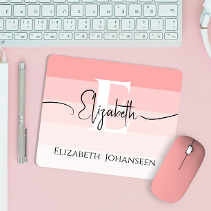 Girly Blush Pink Stripes Minimalist White Monogram Mouse Mat