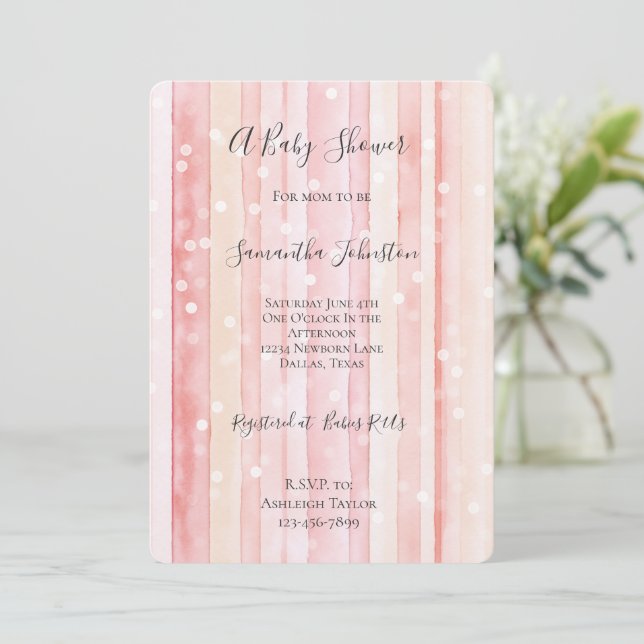 Girly Blush Pink Stripes White Dots Baby Shower Invitation (Standing Front)