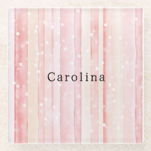 Girly Blush Pink Stripes White Dots Birthday Glass Coaster