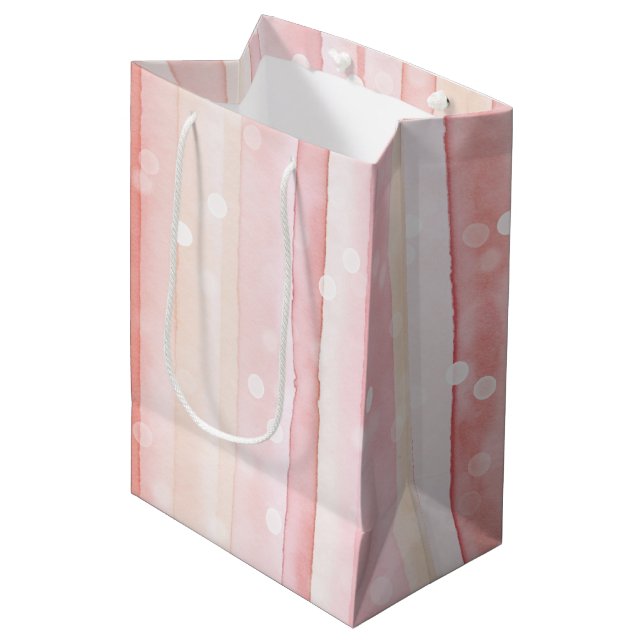 Girly Blush Pink Stripes White Dots Birthday Medium Gift Bag (Front Angled)
