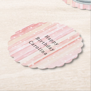 Girly Blush Pink Stripes White Dots Birthday Paper Coaster