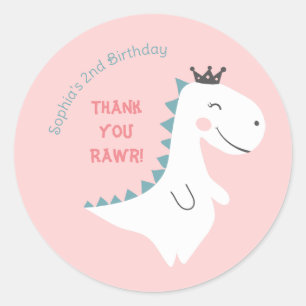 Girly Blush Pink Teal Dinosaur Birthday Thank You Classic Round Sticker