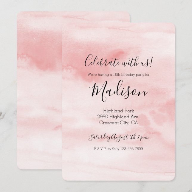 Girly Blush Pink Watercolor personalised Invitation (Front/Back)